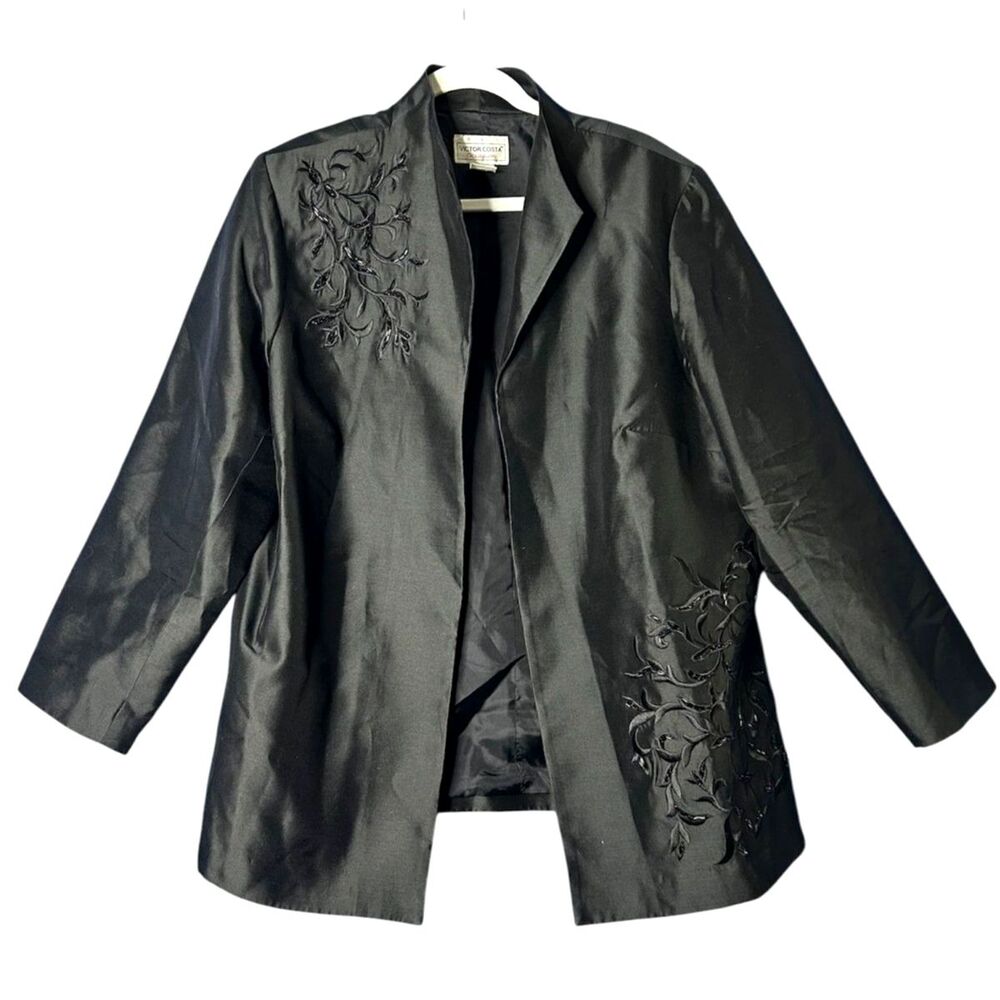 Vtg Womens Black 100% Silk Blazer Jacket 1X Plus Size Formal Glam Beaded Evening
